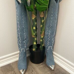 Gianni Bini Stylish Blue Jean Fabric Upper Boots With Rhinestone Accents.